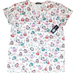 Holiday Penguin Scrub Top Size S NWT 100% Polyester